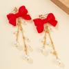 Accessories Sweet Cool New Year Red Bow Stud Earrings Temperament Imitation Pearl Fringed Earrings