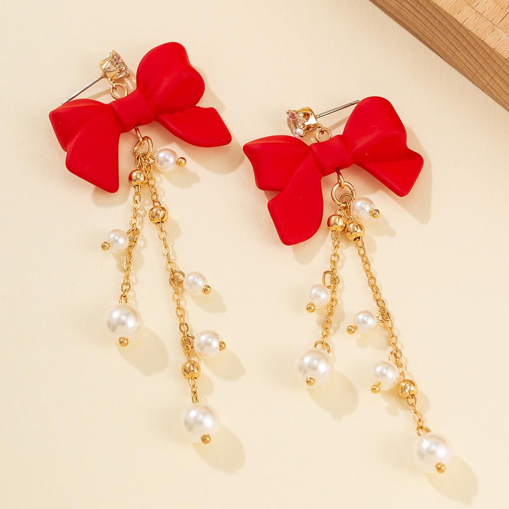 Accessories Sweet Cool New Year Red Bow Stud Earrings Temperament Imitation Pearl Fringed Earrings