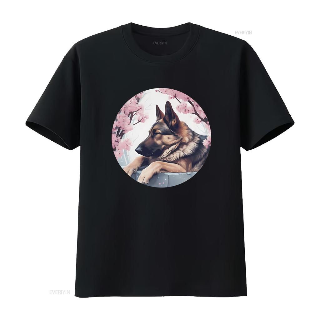 German Shepherd Dog Cherry Blossom T Shirt Perfect GSD Japan for Lovers Vintage Washed Casual Designer Clothes Soft Homme