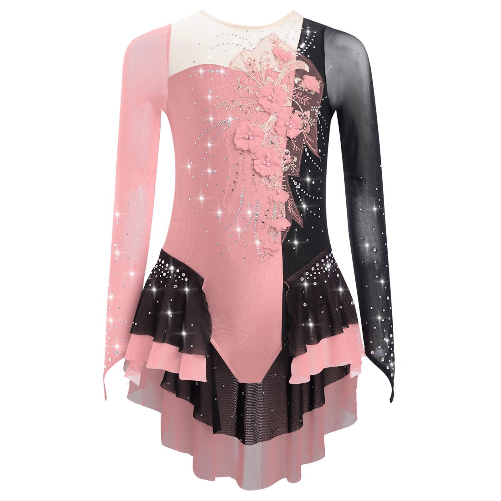 

Girls Lyrical Dance Costume Applique Shiny Rhinestones Skirted Leotard Color Block Mesh Long Sleeve Bodysuit 5-6 Years рожевий