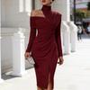 Women’s Asymmetric One Shoulder Long Sleeve Bodycon Midi Dress with High Neck and Front Slit for Formal Occasions
