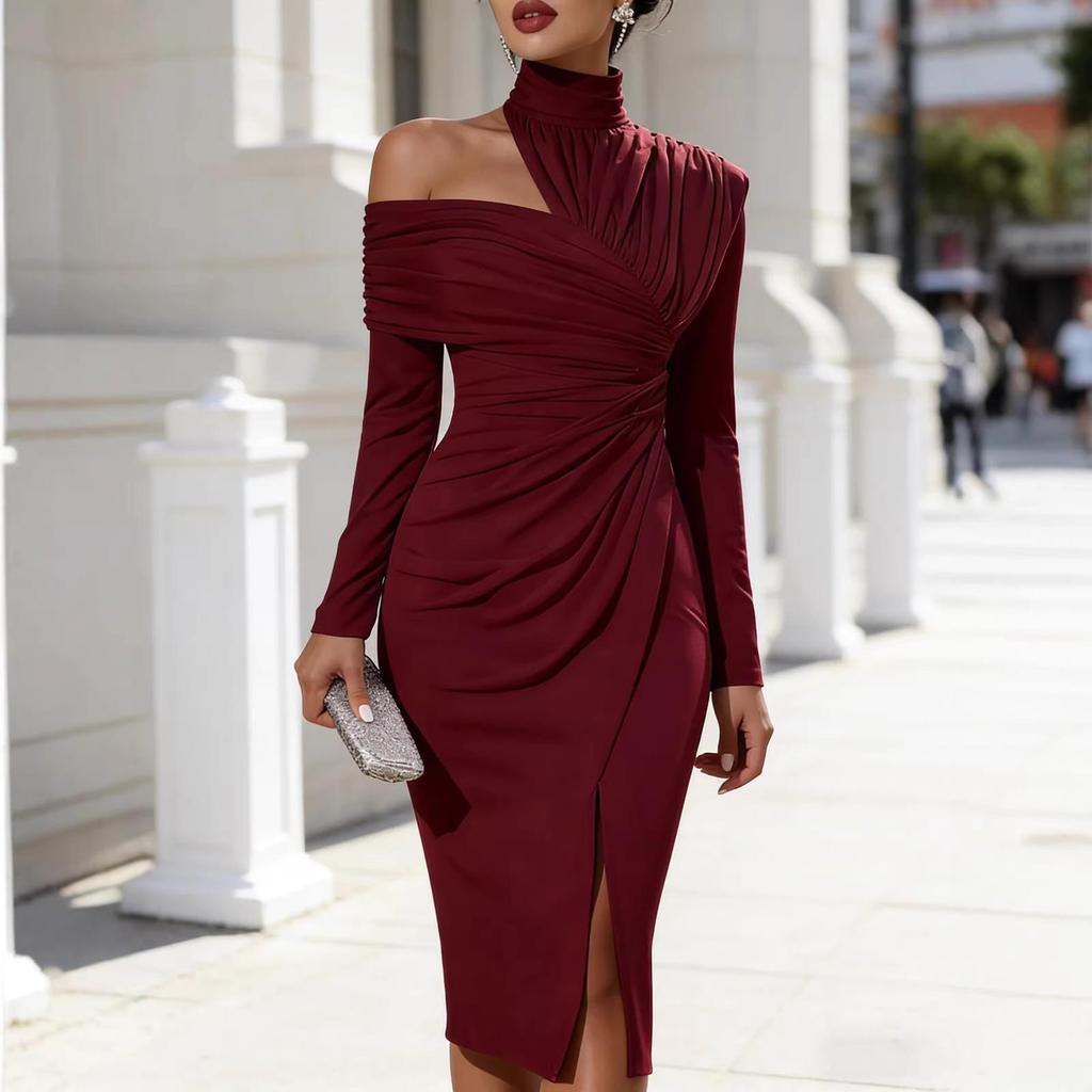 Women’s Asymmetric One Shoulder Long Sleeve Bodycon Midi Dress with High Neck and Front Slit for Formal Occasions