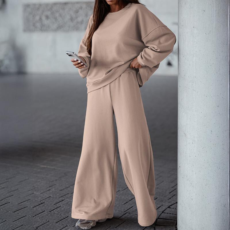 Women Solid Crew Neck Sweatshirt And Split Wide Leg Pants Tracksuit Two Piece Set