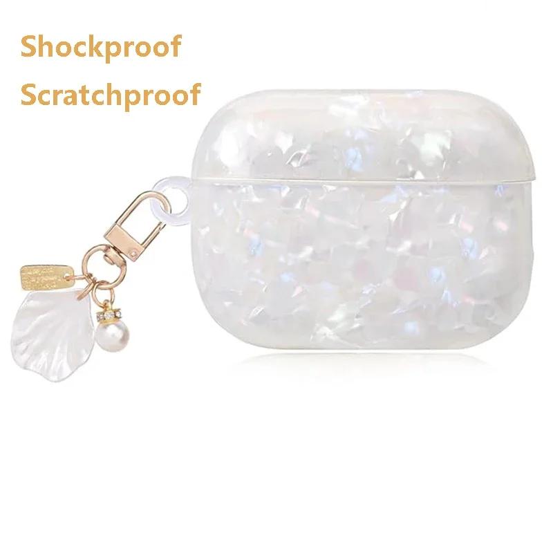 Funda Bonita para AirPod Ins Patrón de Concha Deslumbrante con Cadena de Muñeca de Perla Funda Bluetooth Inalámbrica Compatible con Funda AirPods Pro