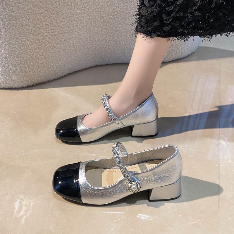 

Increase the height of Mary Jane s small leather shoes to show the legs, spring and autumn niche design, pearl rectangular 42 срібний