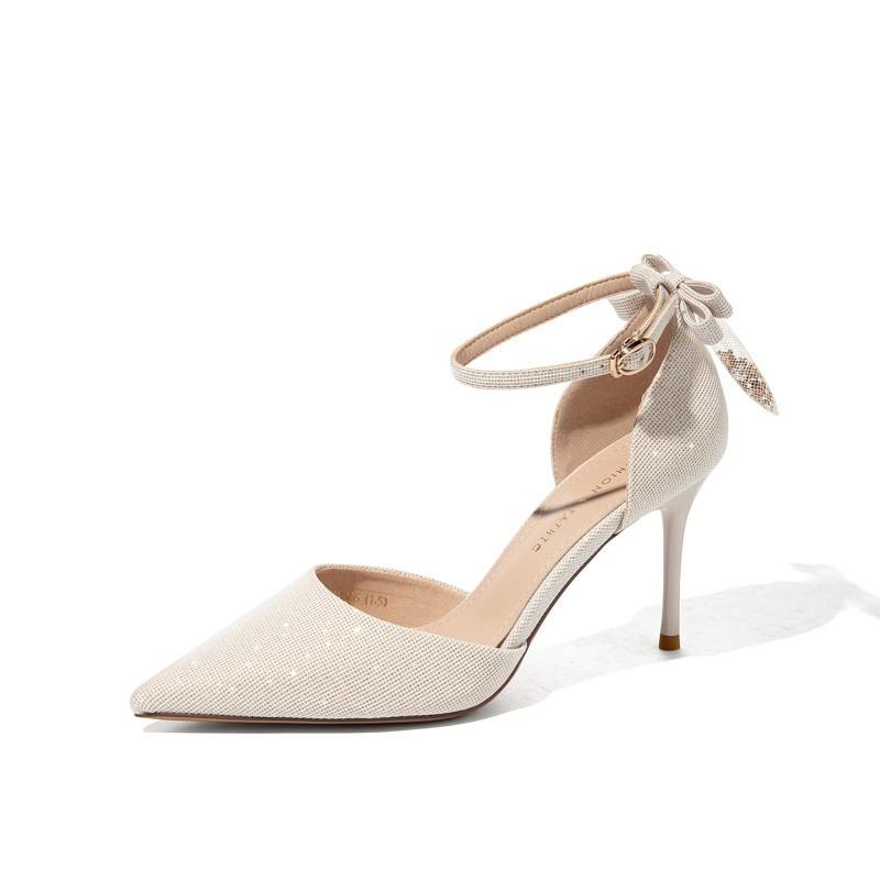 

Весна новая модная обувь-лодочки с острым носком, женская мода, корейская версия, пряжка на ремешке, неглубокий вырез, высокий каблук-шпилька, бант 37 бежевый