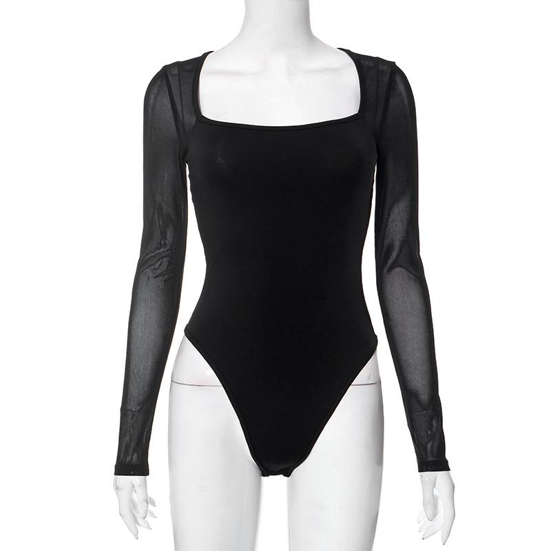 Autumn 2023 European & American Sexy Mesh See-Through Long-Sleeve Bodysuit