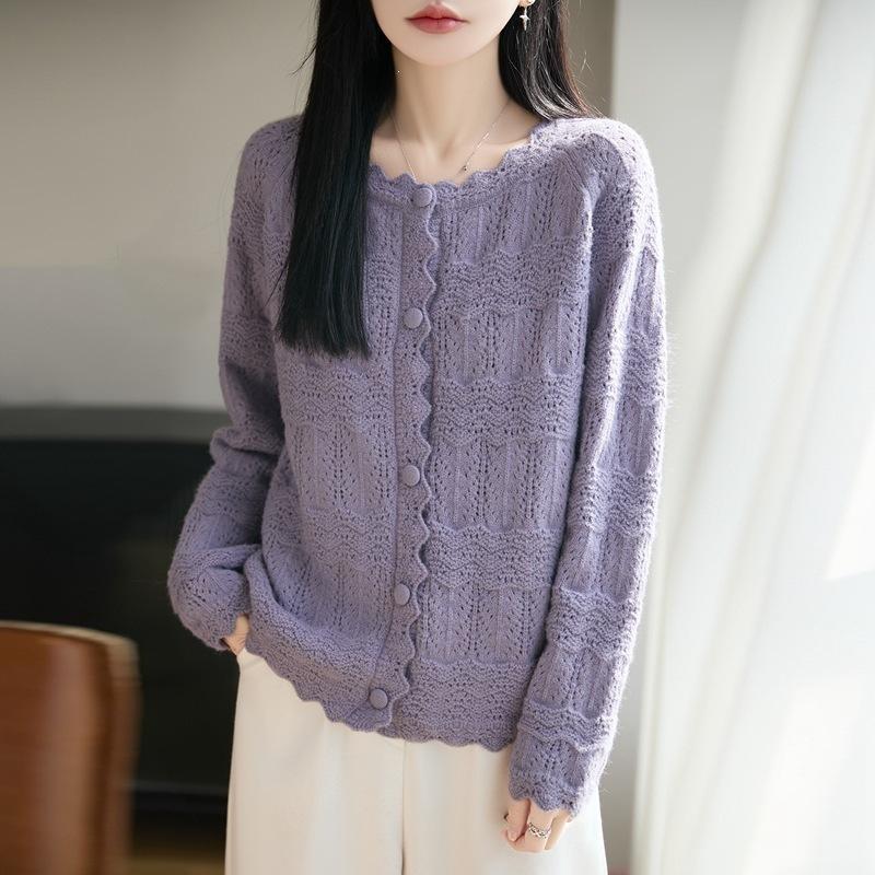 Round-neck Knitted Cardigan with Long Sleeves, Women's Sheer Loose-fitting Top Coat