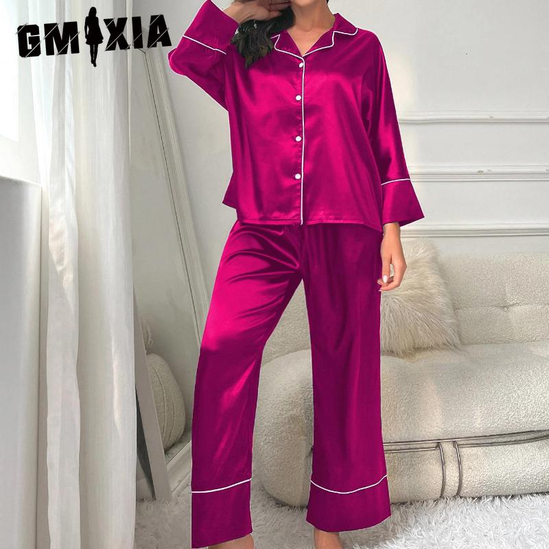 

Пижама из искусственного шелка GMXIA Женская осенне-зимняя пижама с длинным рукавом и брюками, домашний костюм, можно носить на улице! XL розовый