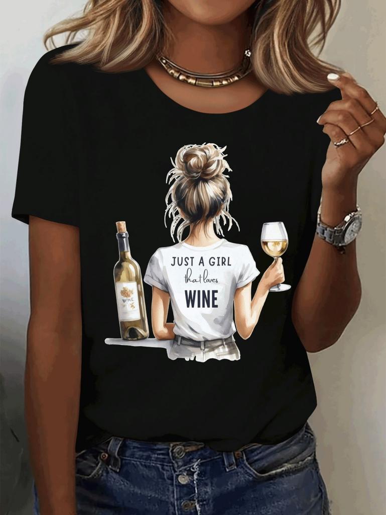 Women's Tops Girls' Wine Glass Graphics Print Summer Short Sleeved T-Shirt Minimalist Solid Color Casual Tees Clothing Female