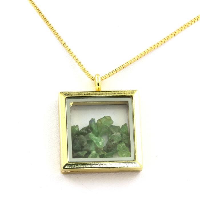 Collier - ABIJOUX - Grenat Tsavorite brut - Pendentif carré - Acier inoxydable - Couleur Or