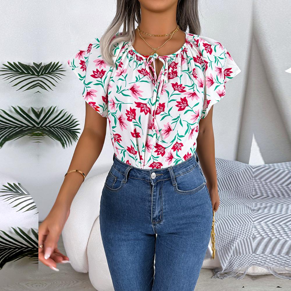 Frauen Frühling Sommer Lose Rüschen Spitze Up Chiffon Top Für Damen O Neck Fliegende Ärmel Floral Blusen