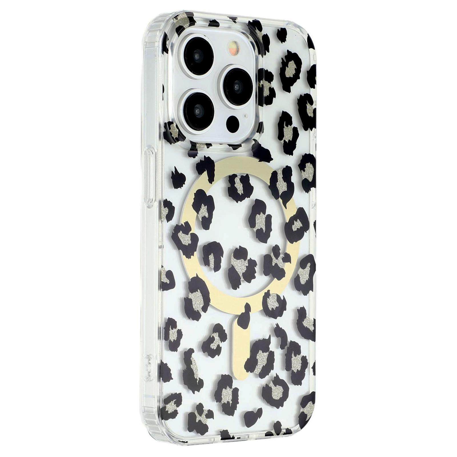 

For iPhone 15 Pro Max Magnetic Case Clear Anti-Yellowing PC+TPU Phone Back Cover Leopard Print Design Black