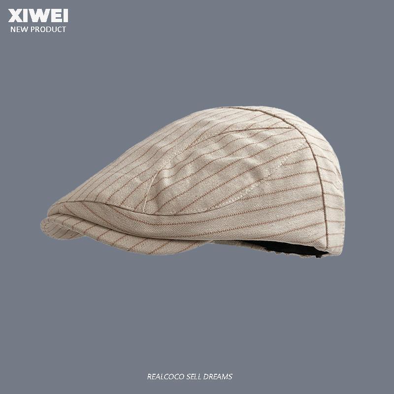 Korean Black and White Striped Forward Hat Women's Spring and Summer Literary and Retro Beret British Casual Reverse Newsboy Cap