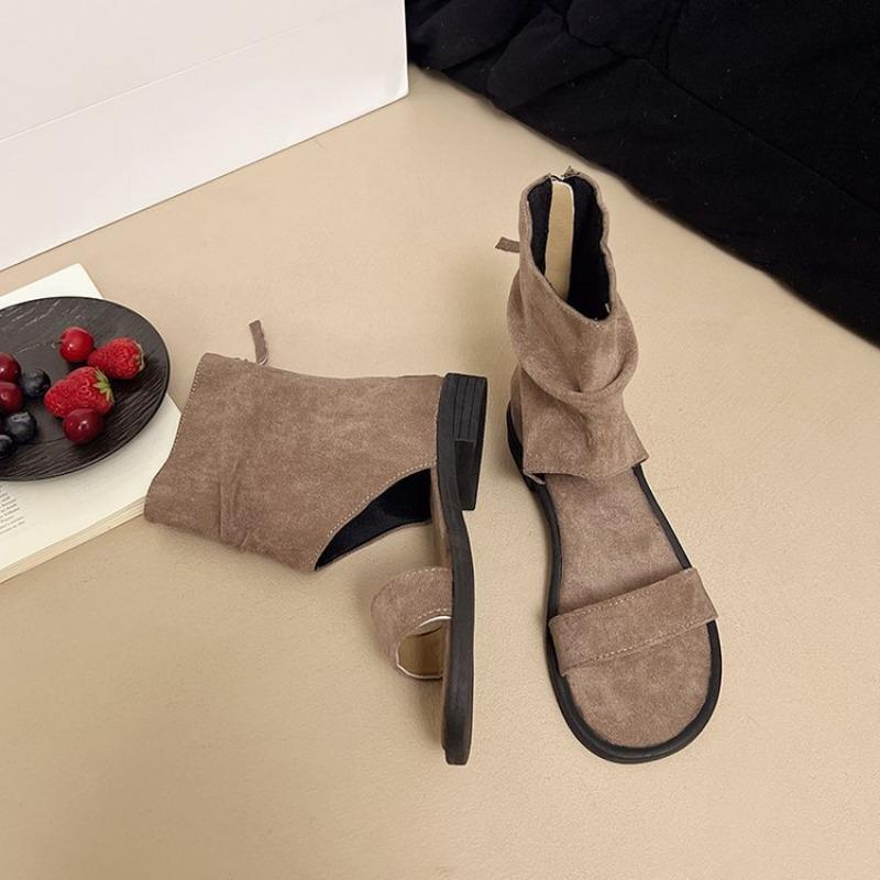 Medium tube with retro flat sandals, new round head suede cool boots, women's fashion shoes