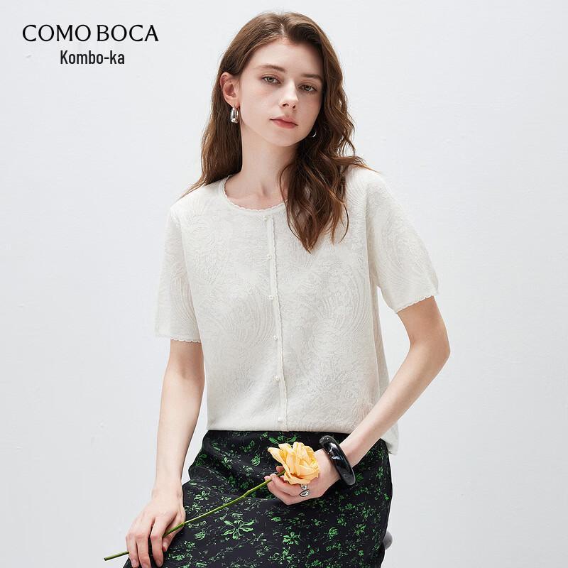 Women s Mulberry Silk Blend Jacquard Lace Trim Short Sleeve T-shirt M