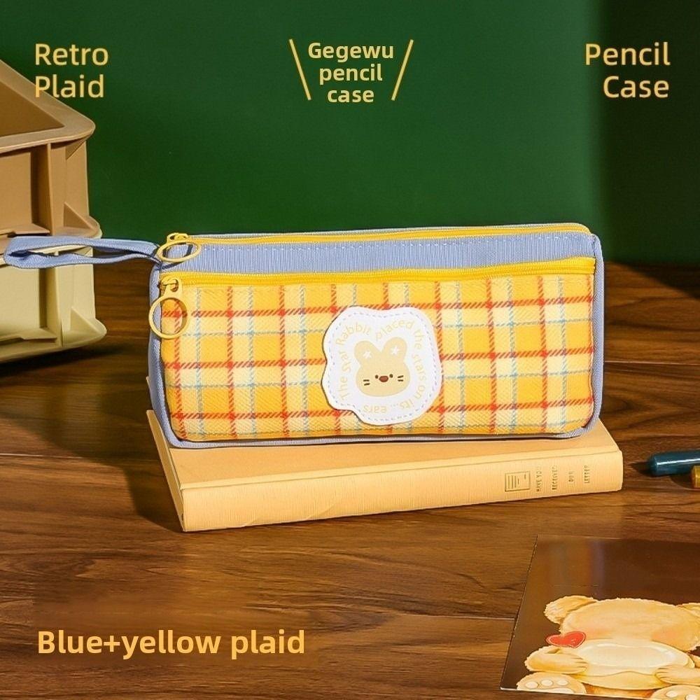 Grid Pattern Retro Grid Stationery Bag Cute Animal Pencil Pouch Vintage Plaid Pen Bag  Student