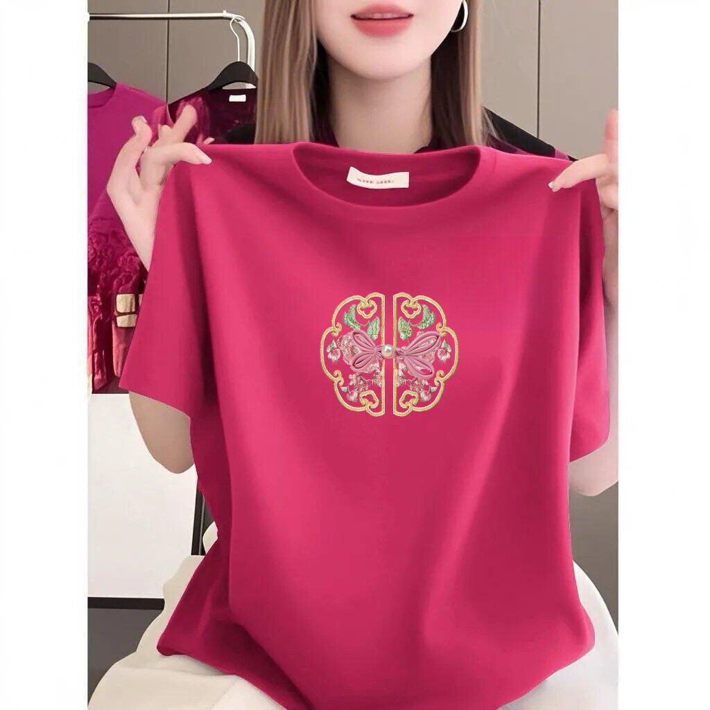 Chinese Embroidery Short Sleeve T-shirt - Women's Plus Size, Slim Fit, Stylish and Loose.