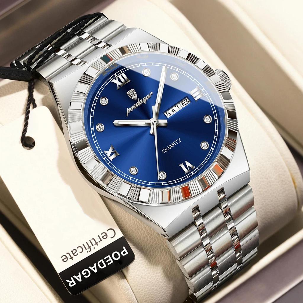POEDAGAR Luxury Business Male Watch Waterproof Luminous Week Date Wristwatch Stainless Steel Trendy Quartz Watches for Men