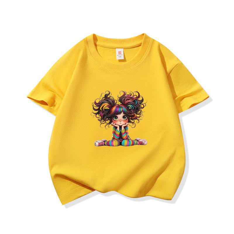 Kids Cotton T Shirt Charming Rainbow Hair Girl Sitting Print Crew Neck Short Sleeve Tee Casual Boys Girls Summer Tops