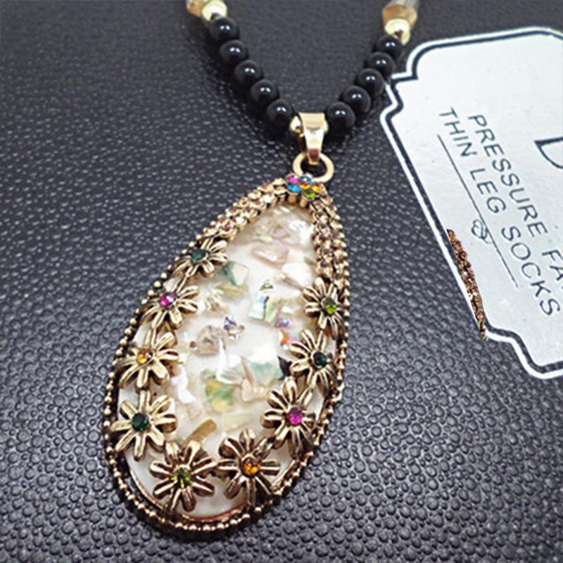 Ethnic Style Long Necklace: Retro Water Drop Pendant with Colored Shell for Fall/Winter