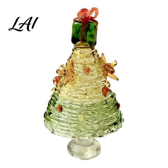 Christmas Table Centerpiece Glazed Tree Figurine Colorful Miniature Xmas Decor Handcrafted Small Ornament for Desk Glass Home Office Holiday