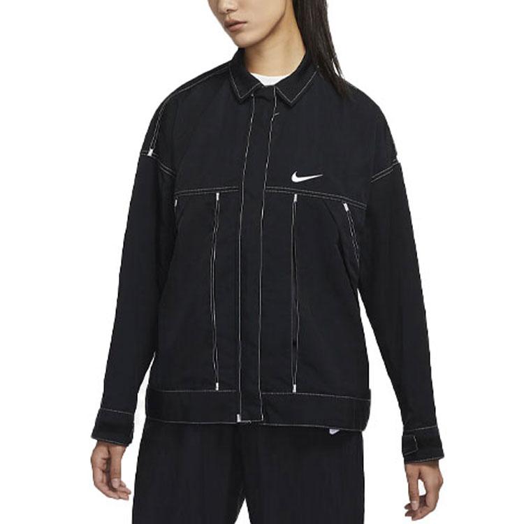 Nike Sportbekleidung Swoosh Logo auf dem Rücken Polokragen Überschnittene Schultern Webjacke 1 Damenjacke Schwarz DM6204-010
