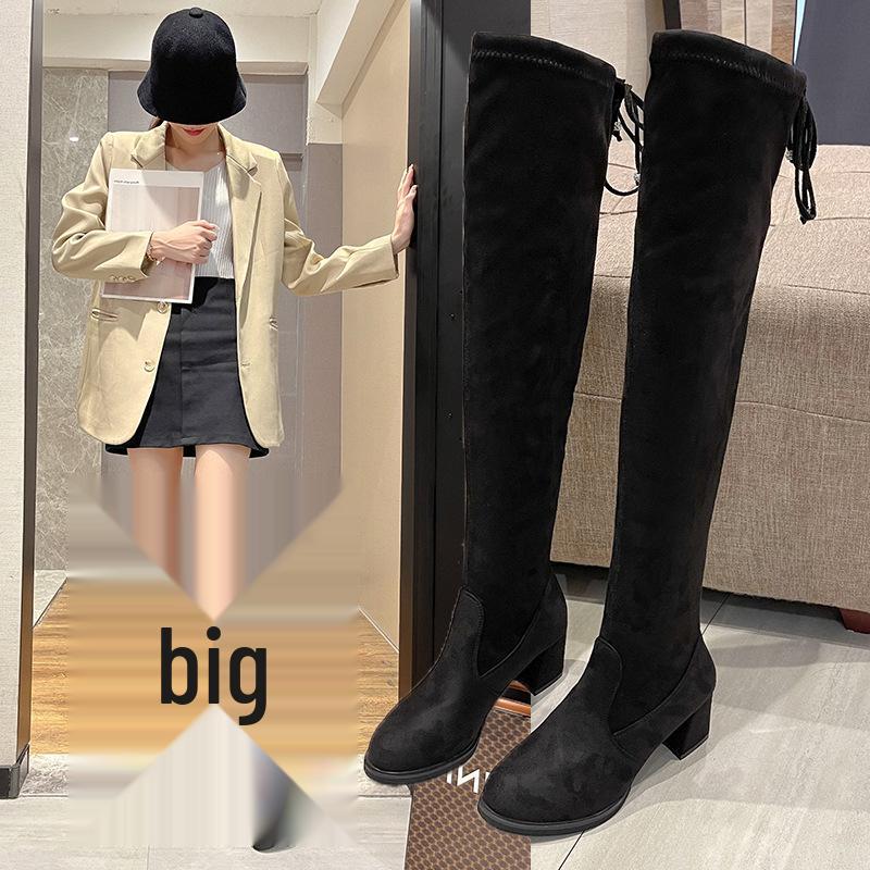 Women's 2025 New Korean Style Over-the-Knee Round Toe Chunky Heel Lace-up Boots Fashion