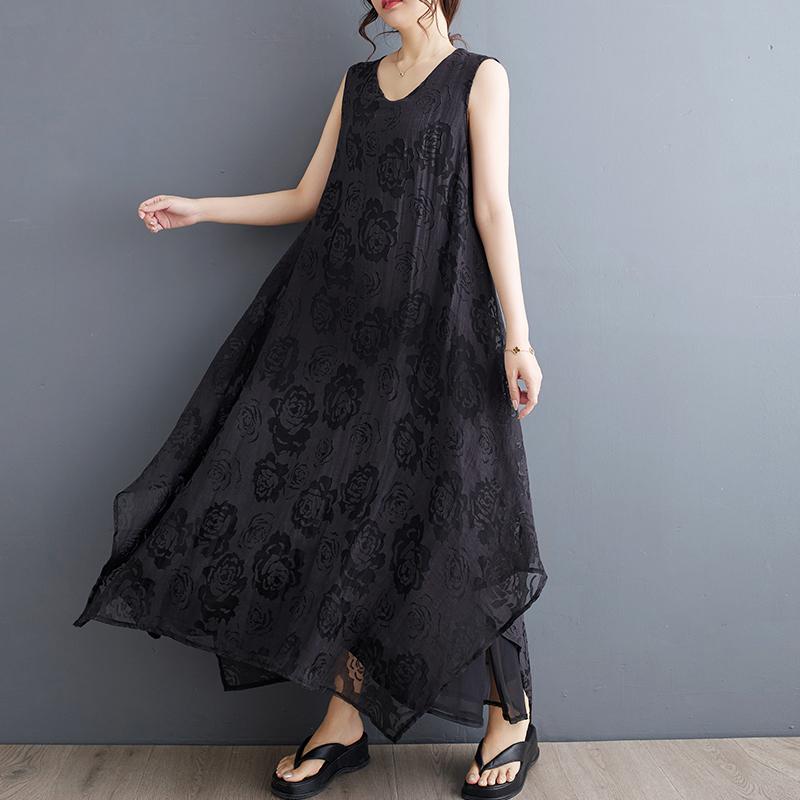 

Летнее платье в стиле без рукавов с цветочным принтом Элегантное свободное длинное платье Базовые платья One Size чёрный