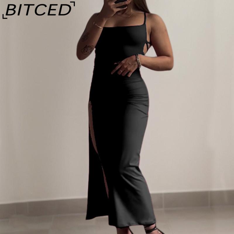 BITCED Women's Sexy Strappy Split Dress Fitted Back with Tie-Up Detail Exposed Back Summer Party Maxi Dress