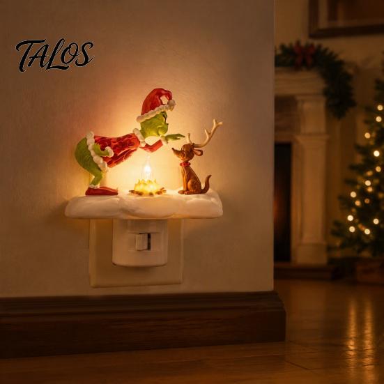 Warm Twinkling Christmas Decor Night Light, Santa Claus Grandma Bonfire Resin LED Lamp Holiday Nursery for Bedroom, Plug-in Festive Ambient