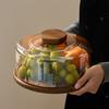 Simple Acacia Wood Round Cake Tray Transparent Display Dessert Bread Plate Home Living Room Glass Cover Snack Fruit Plate Decor