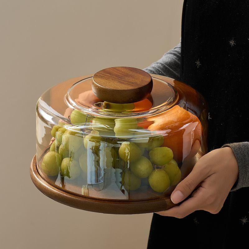 Simple Acacia Wood Round Cake Tray Transparent Display Dessert Bread Plate Home Living Room Glass Cover Snack Fruit Plate Decor