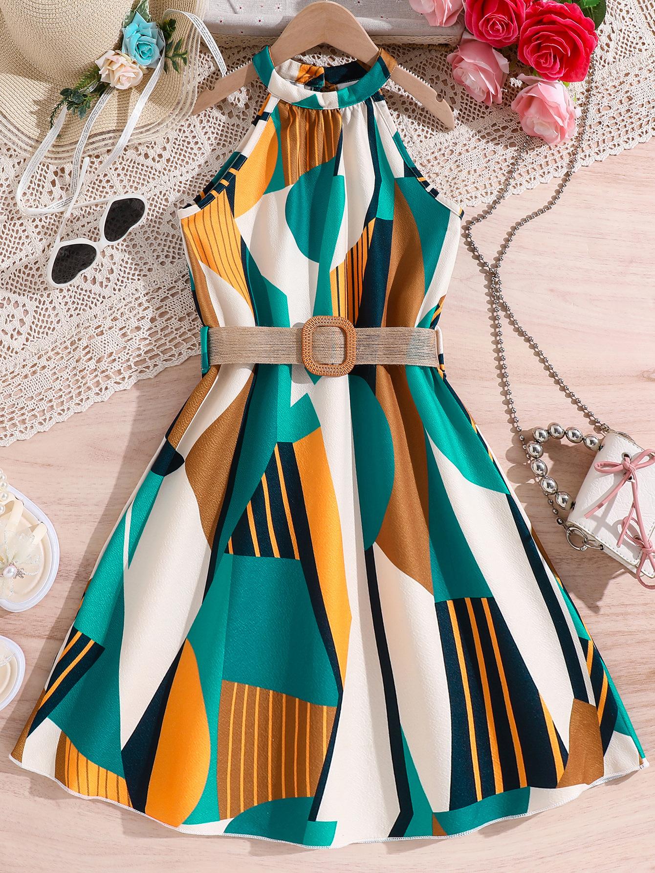 Girls Summer Dress Halter Neck Sleeveless Printed A-Line Colorblock Patchwork Kids Sundress Stylish Children Clothing Fashion Outfit European American 8Y зелёный