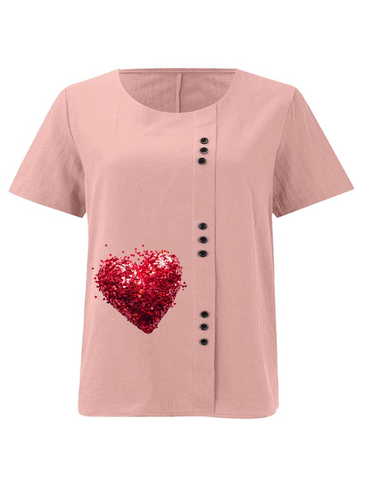 

Women s Fashion Red Heart Shape Print Shot Sleeve T-shirt Loose Cotton Shirt Casual Loose Summer Blouse Tops Plus Size S розовый