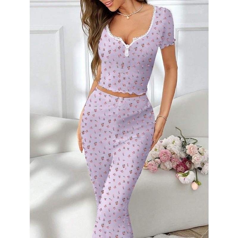 VEZFAA Women's Fashion Casual Summer Spring Flower Pattern Print Short Sleeve V-Neck Trousers Pants Suits