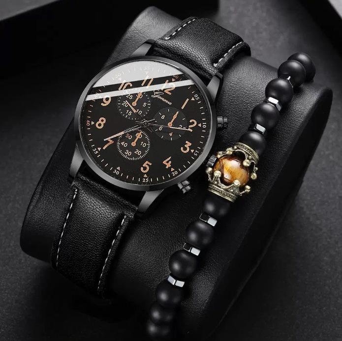 Men'S Casual Fashion Trend Sports Belt Watch 3-Piece Bracelet Business Quartz Watch Set
