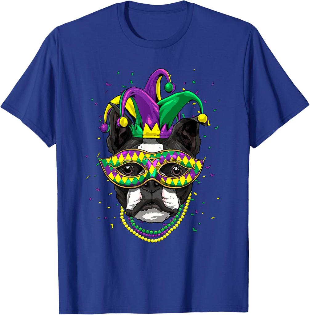 Boston Terrier Mardi Gras Jester Dog Graphic Tee Cute Carnival Print T-Shirt
