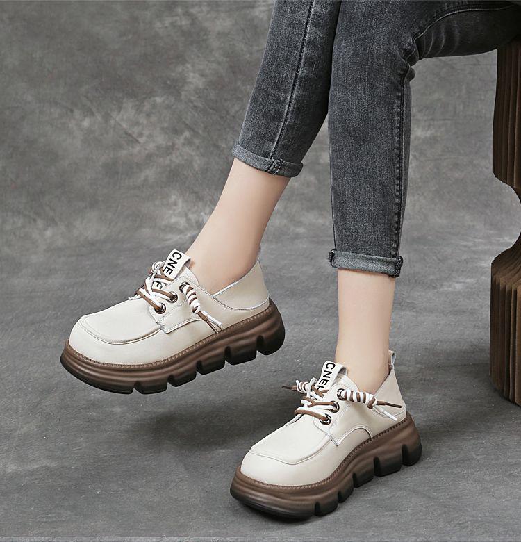 Women's Genuine Soft Leather Loafers, British Style 2025 - Spring/Autumn, Thick Sole, Lace-up, Versatile, Comfortable Shoes