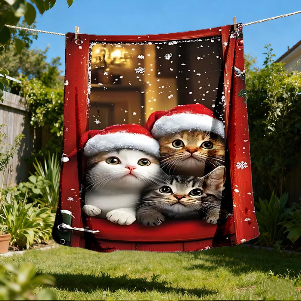1pc Christmas Cats Outdoor Flannel Blanket Soft All Season Polyester Throw , Perfect for Picnics & Travel , Picnic Accessory