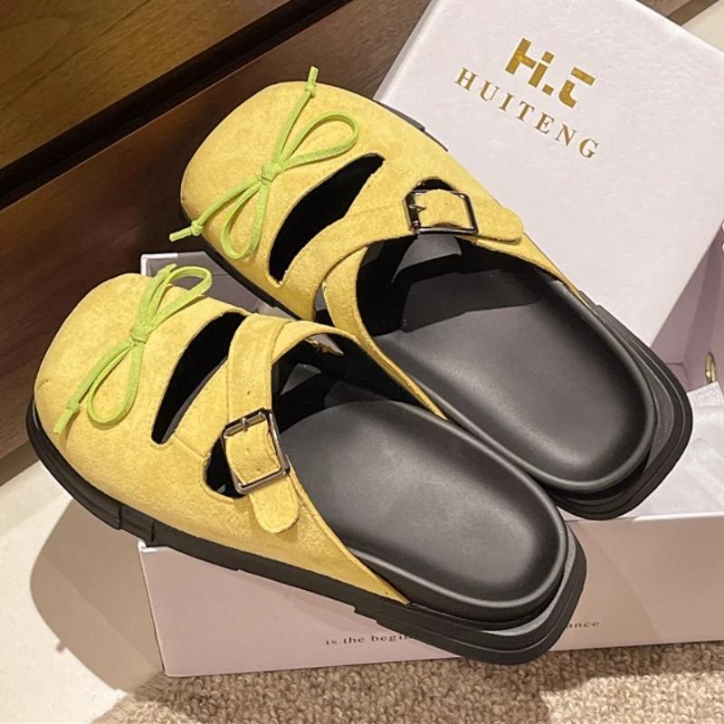 

Fashion Bow Women Slippers Flats Designer Mules Shoes Square Toe Woman Sandals 2025 Walking Flip Flops Summer Walking Chaussures Femme 35 жёлтый