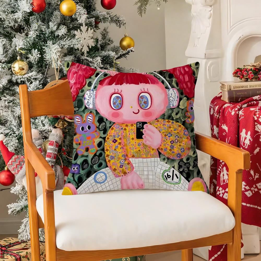 Cute Rabbit Cartoon KKima Artist Pillow Case Silky Short Plush With Invisible Zipper Dustproof Sofa Cushion Cover