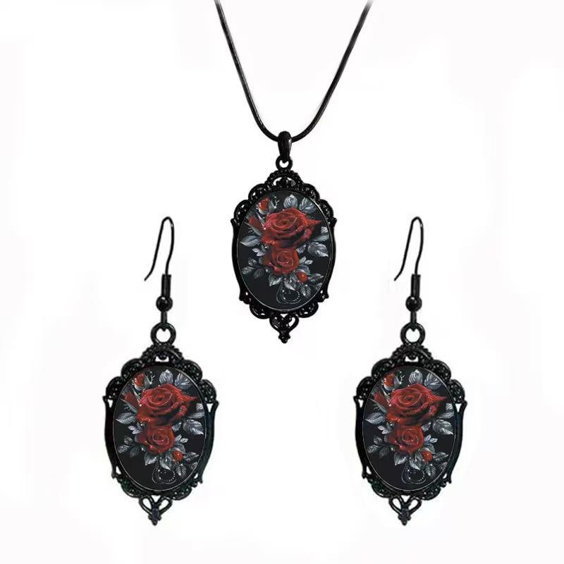 Flower Pattern Black Frame Glass Pendant Earrings, Necklace Set