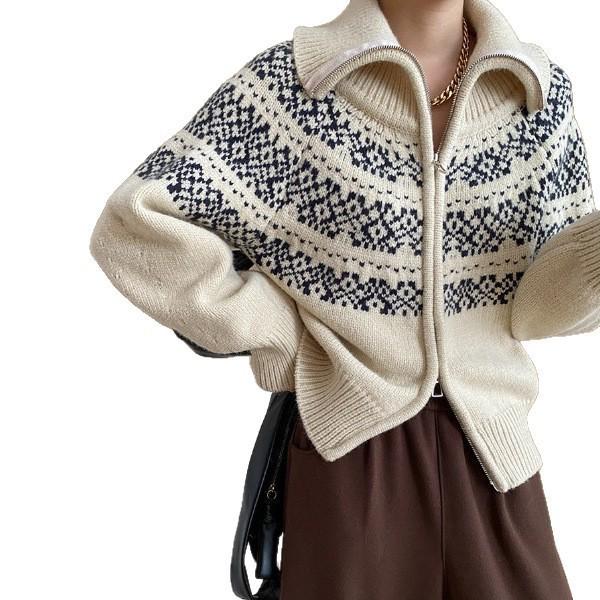 Korean Style High Neck Retro Jacquard Sweater Women's Double Zipper Knit Cardigan