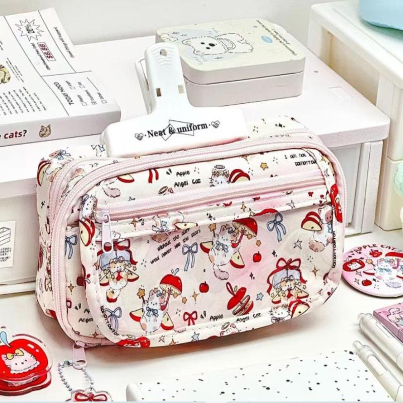 Cute Tomato Apple Cat Printed Pencil Bag Student Large Capacity Multi-Layer Stationery Storage Bag Gift