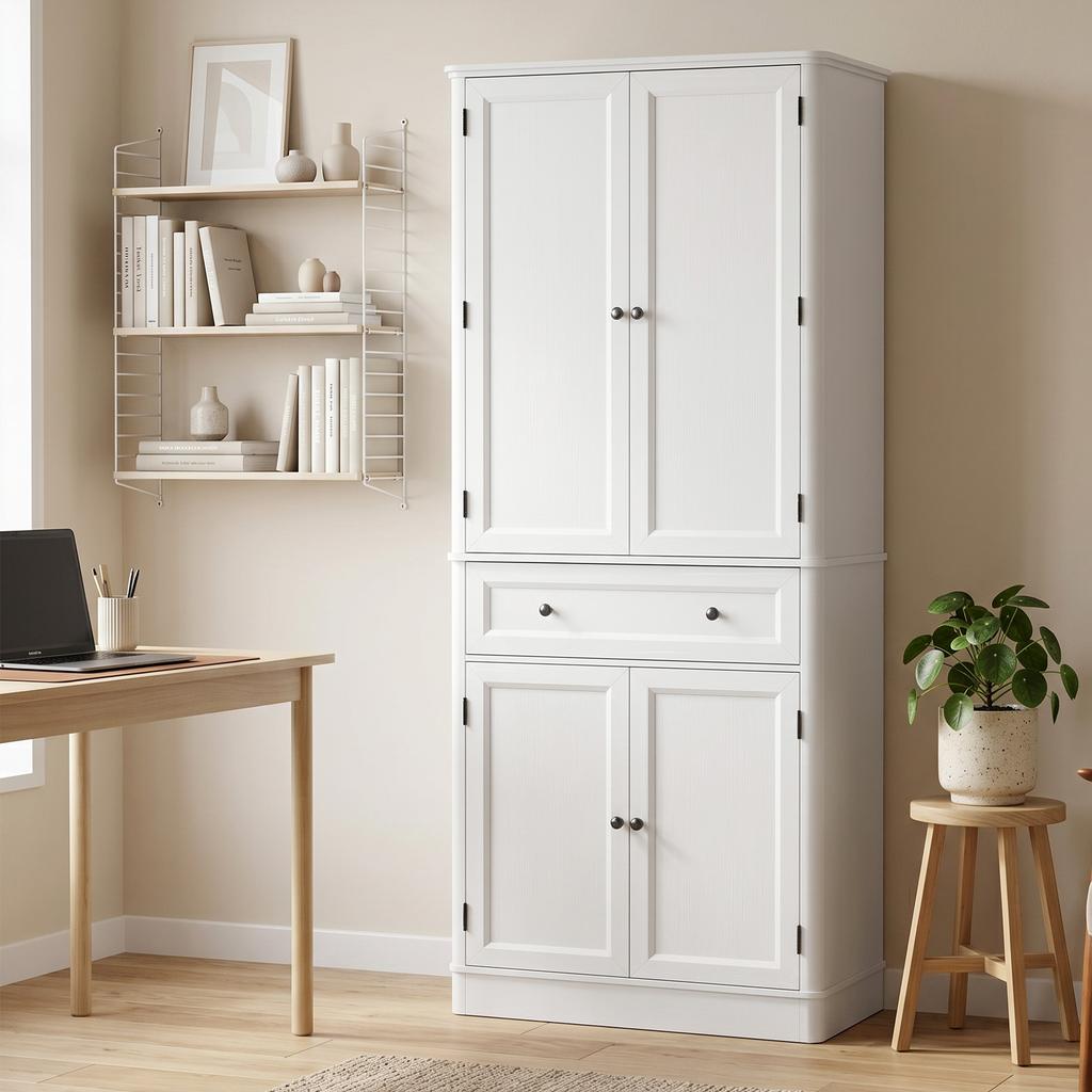 Küchenschrank mit 4 Türen, Schublade und verstellbaren Regalen für die Küche, 80 x 39,5 x 186,4 cm Weiß