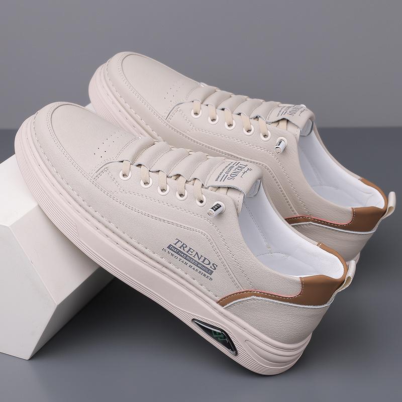 2025 Men's Trendy Height-Boosting White Casual Sneakers - Versatile, Breathable, Soft Sole, Sporty Leather Design