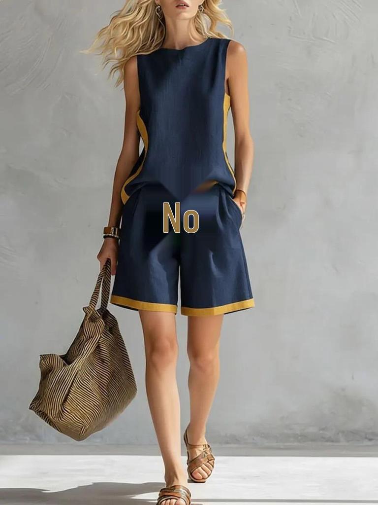 2026 European & American Sleeveless Color Block Wide-Leg Pantsuit - Summer Casual Fashion Two-Piece Set for Women
