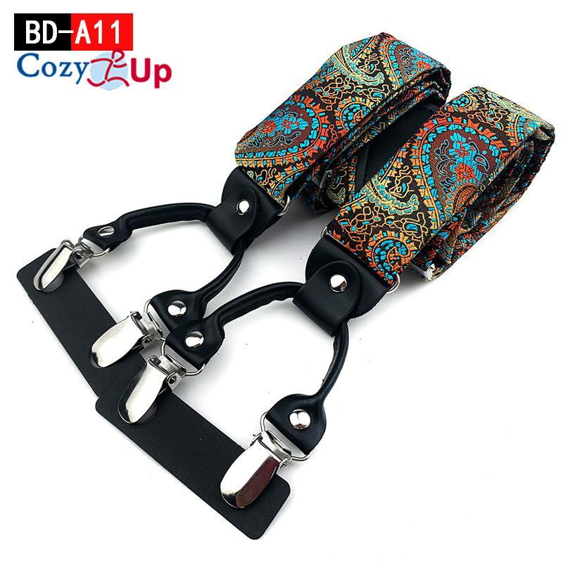 Suspensórios masculinos adultos em forma de Y com 6 clipes em tecido jacquard de couro com alça traseira elástica ajustável com ganchos giratórios e tiras elásticas nas costas em Y