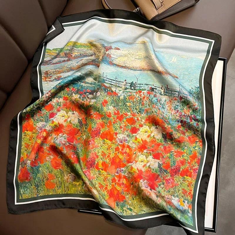 Natural Real Silk Scarf Women New Print Neck Hairband Square Shawl Neckerchief Female Hijab Poncho Bandana Headband